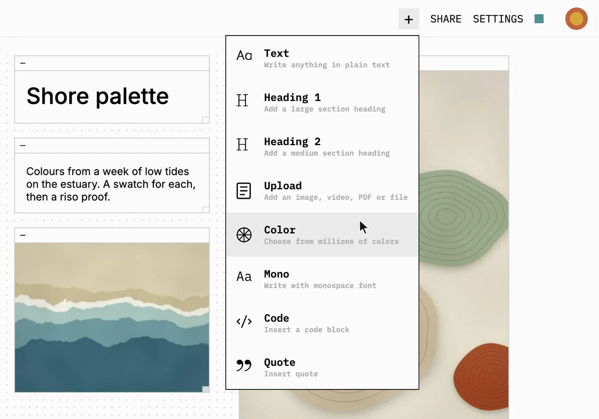 The + menu open under a plate's header, listing Text, Heading 1, Heading 2, Upload, Color, Mono, Code and Quote, each with an icon and a one-line description, with the pointer on Color and a heading, a note and two images on the canvas behind.