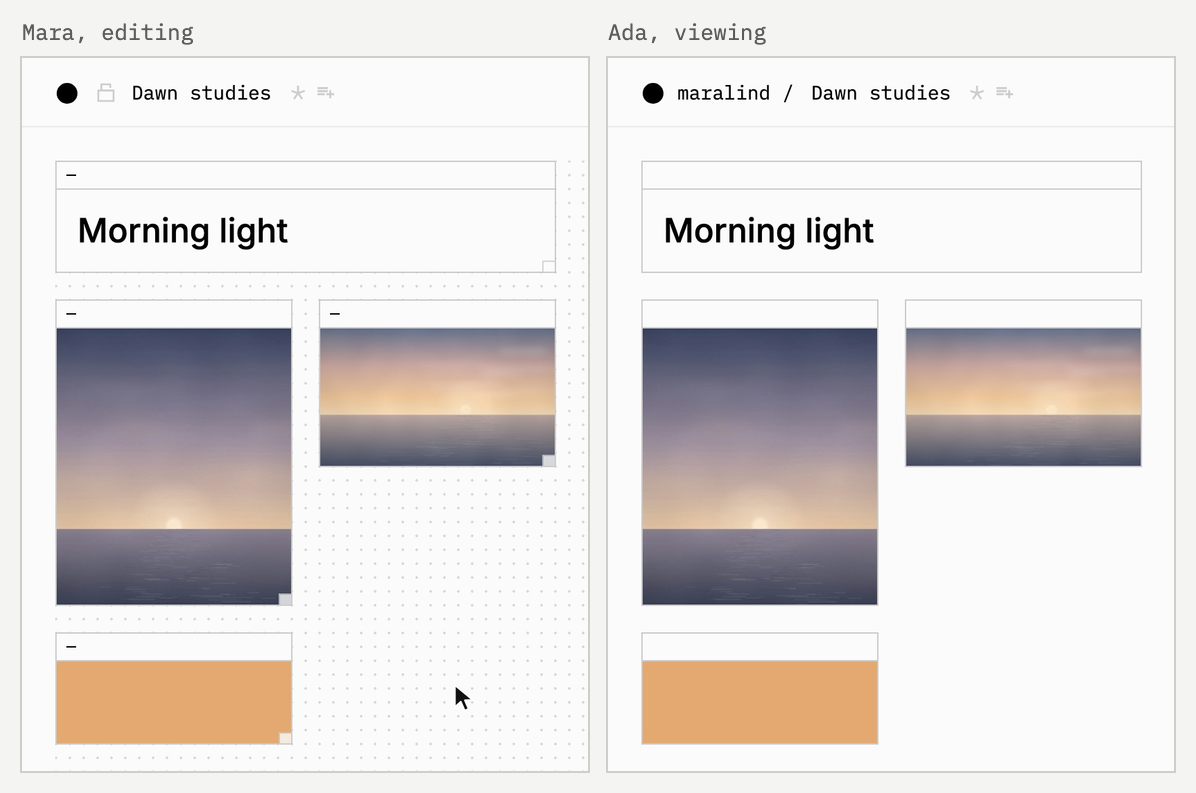 Two windows side by side on the same plate: Mara drags an apricot color block next to a sunrise photo and adds "on the water" to the heading "Morning light", and Ada's window, where she can only view, shows each change a moment later.