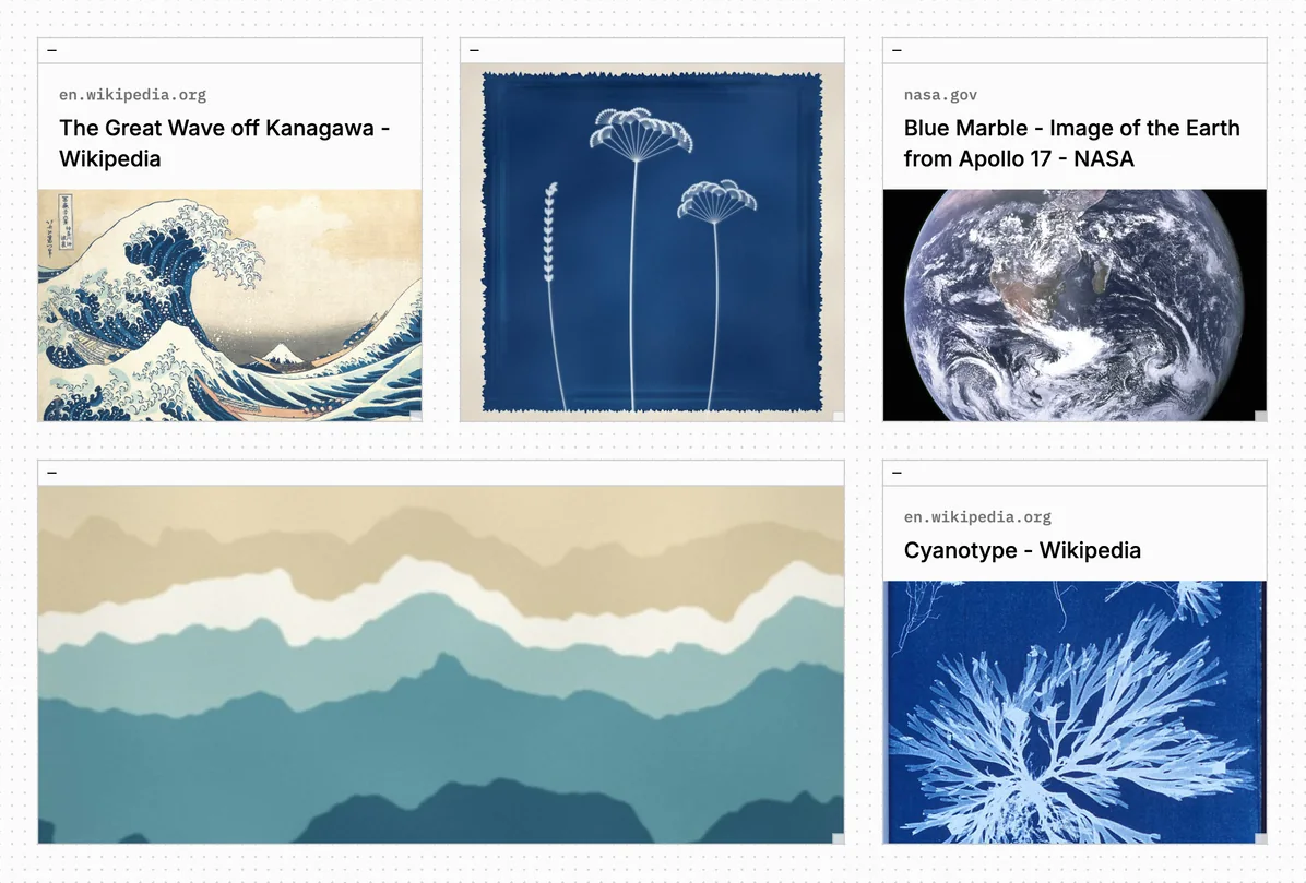 A plate with three link cards beside two images. The cards show The Great Wave off Kanagawa and Cyanotype from en.wikipedia.org and Blue Marble from nasa.gov, and each card has the site's address, the page title and a preview image.