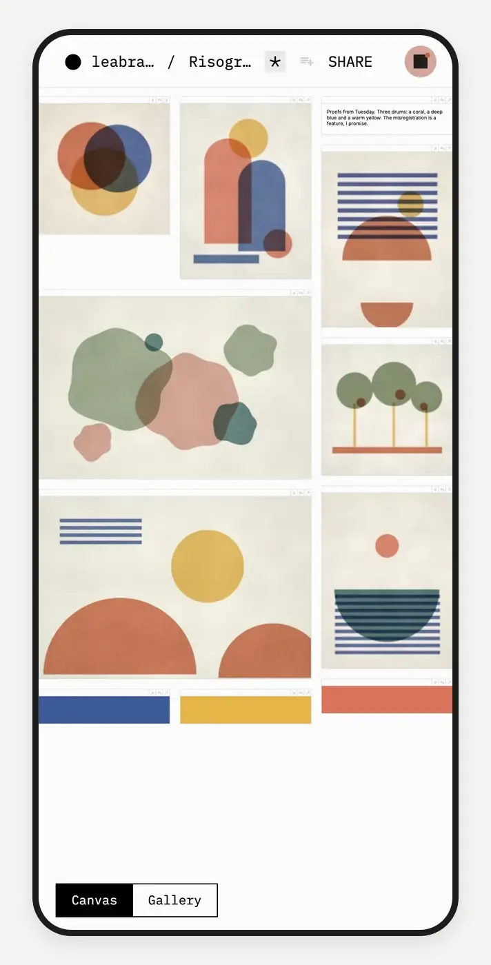 On a phone, a plate of risograph prints switches from Canvas to Gallery, then three swipes move through its cards one at a time while the progress line under the header grows.