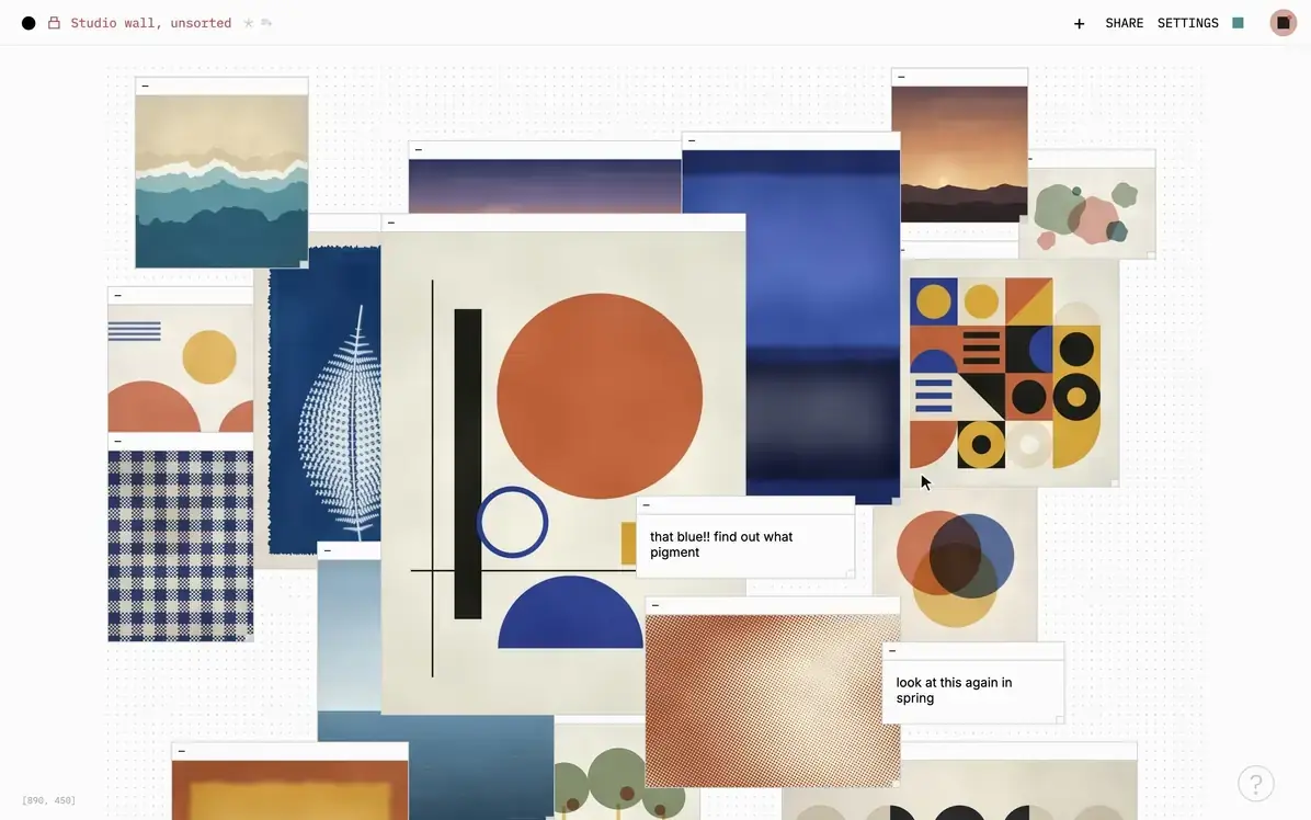 On a messy plate of scattered pictures and notes, Clean Up in Plate Settings previews Justified rows, Masonry and Collage, and applying Collage brings up a 'Plate cleaned up' toast with Undo.